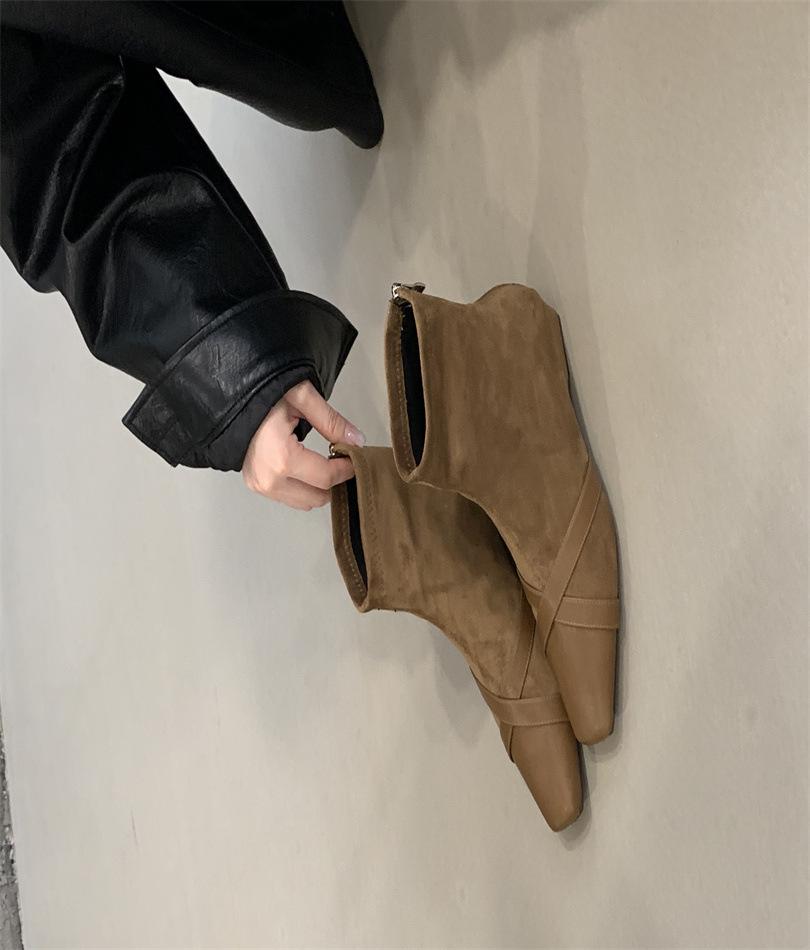 

French retro suede huge good-looking short boots women s fashion foreign low-heeled small ankle boots square head elastic thin boots women 39 верблюд