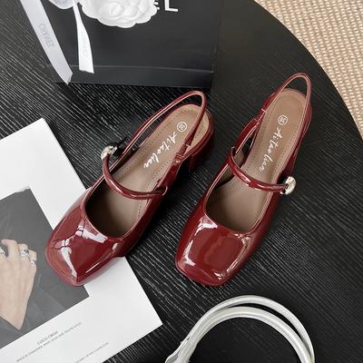 Été, printemps et automne, un mot avec des talons hauts, chaussures Mary Jane, cuir verni, bout carré, talons épais, chaussures simples pour femmes