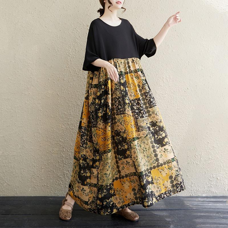 The real shot is the new 125kg fat MM to cover the meat and show thinness, and the color matching cotton and linen dress women's clothing.