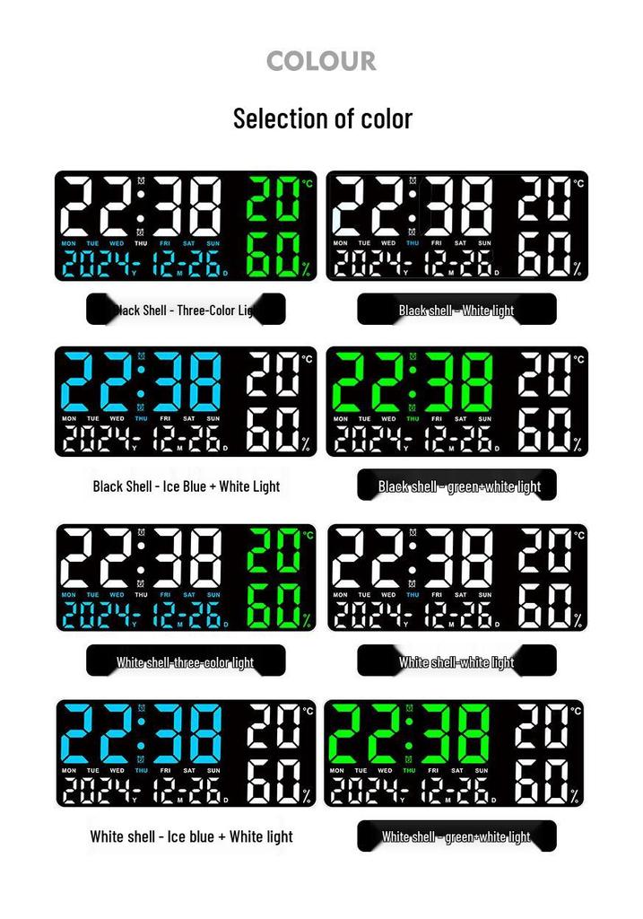 GH9002 Multi-functional Wall Clock: Large Font, Night Light, Temperature & Humidity Display, Multiple Alarms