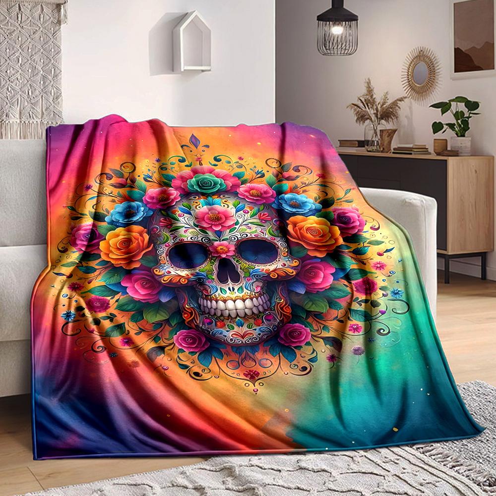 

1 шт. Пледы с рисунком черепа, мягкие и теплые, из полиэфирного трикотажа, с цифровой печатью, всесезонный плед для дремоты, путешествий, дивана yy250906027 75x90cm