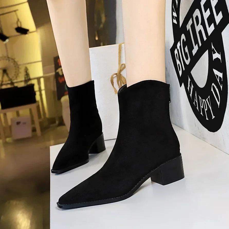 BIGTREE Shoes New Autumn/Winter Women Boots Round Toe Chunky Heel Boot Western Boots Zapatos De Mujer Mid-calf Boots