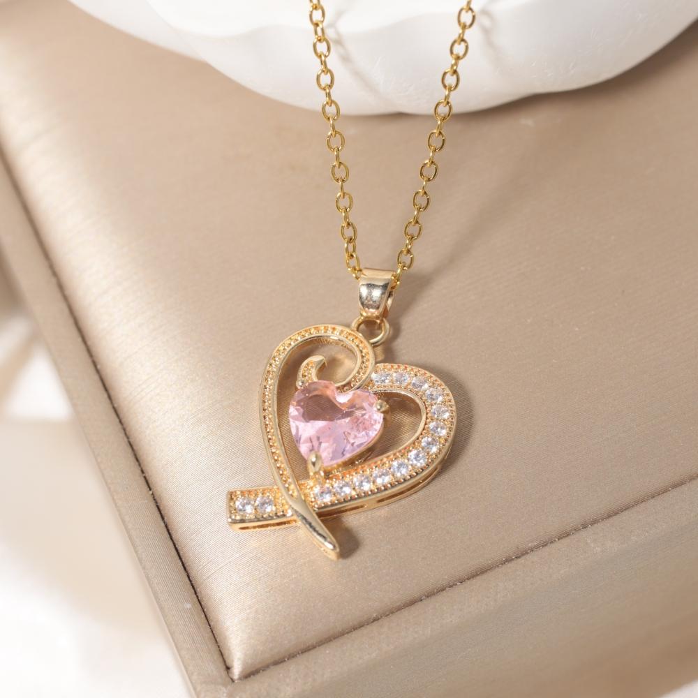 Heart Necklace for Women Golden Stainless Steel Clavicle Chain Pink Zirconia Jewelry Wedding Party Daily Wear Accessories
