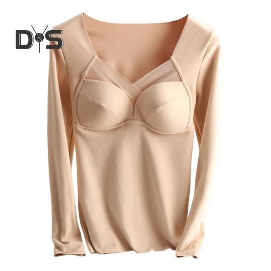 Women Bottoming Tops V-Neck Chest Padded Long Sleeve Thermal Tops Elastic DE Velvet Fabric Tee Shirt