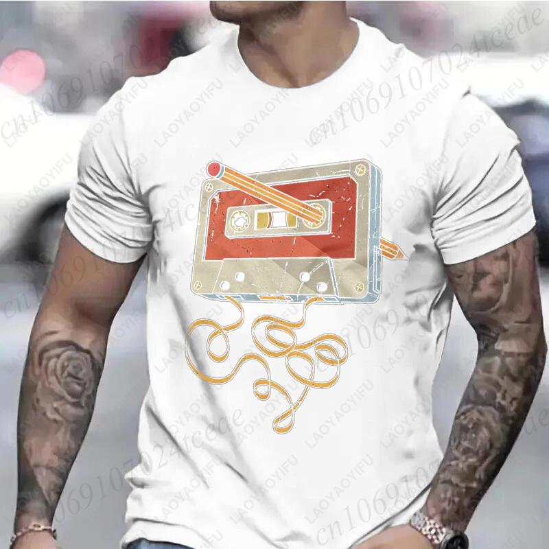 Mens Vintage Cassette Tape with Pencil Tshirt for Guys Funny Graphic Tops Birthday Clothes Fashion Casual Comfortable Cotton Tee