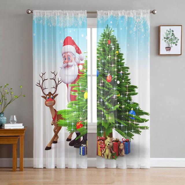 Weihnachtsbogen-Kugel-Weihnachtsbaum-Tüllvorhänge für die Wohnzimmerdekoration, moderne Chiffon-durchsichtige Voile-Weihnachtsvorhänge