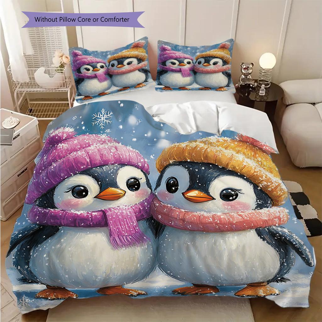 Penguin Pattern Bedding Quilt Set Quilt Cover Pillowcase Home Decoration Birthday Gift (1 * duvet cover + 2 * pillowcase, without core)