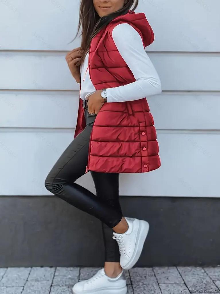 Women's Mid-Length Plus Size Solid Color Hooded Zipper Vest Jacket - Europe 2025 Collection