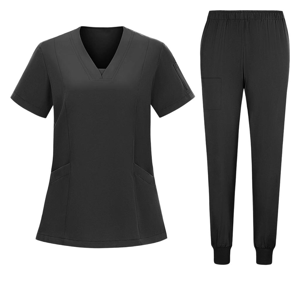 Women's Short Sleeved Color Round Neck Pocket Top Pants Work Clothes Two Piece Set