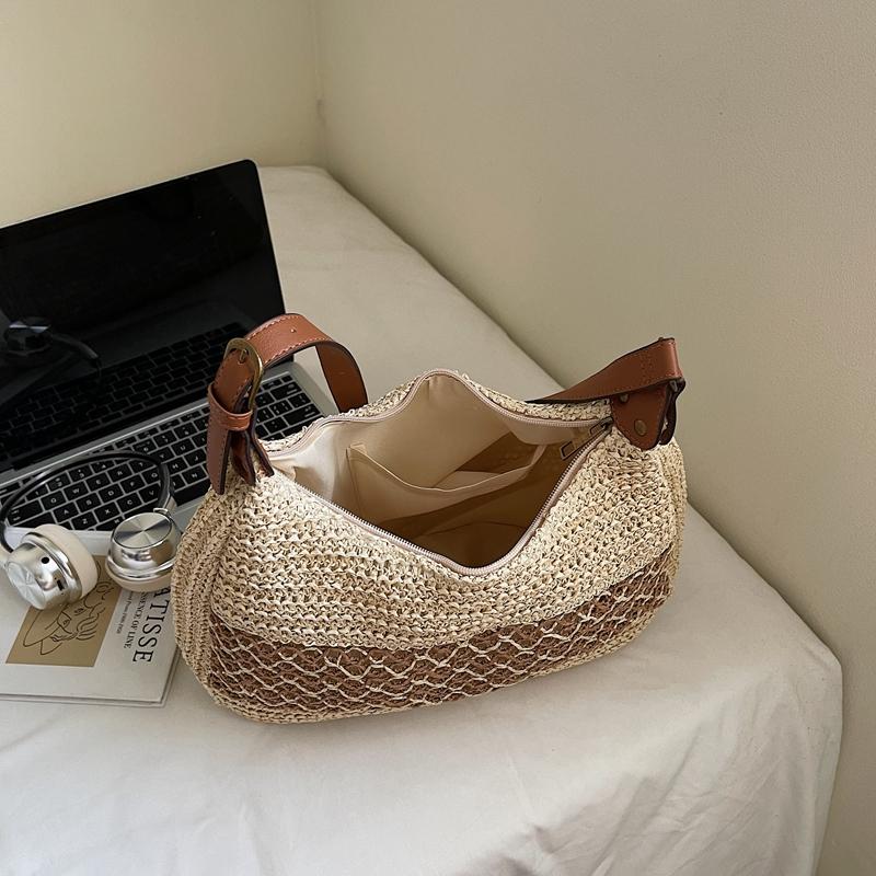 Crochet Mesh Shoulder Bag Women Summer Beach Tote With Leather Strap Natural Style Design