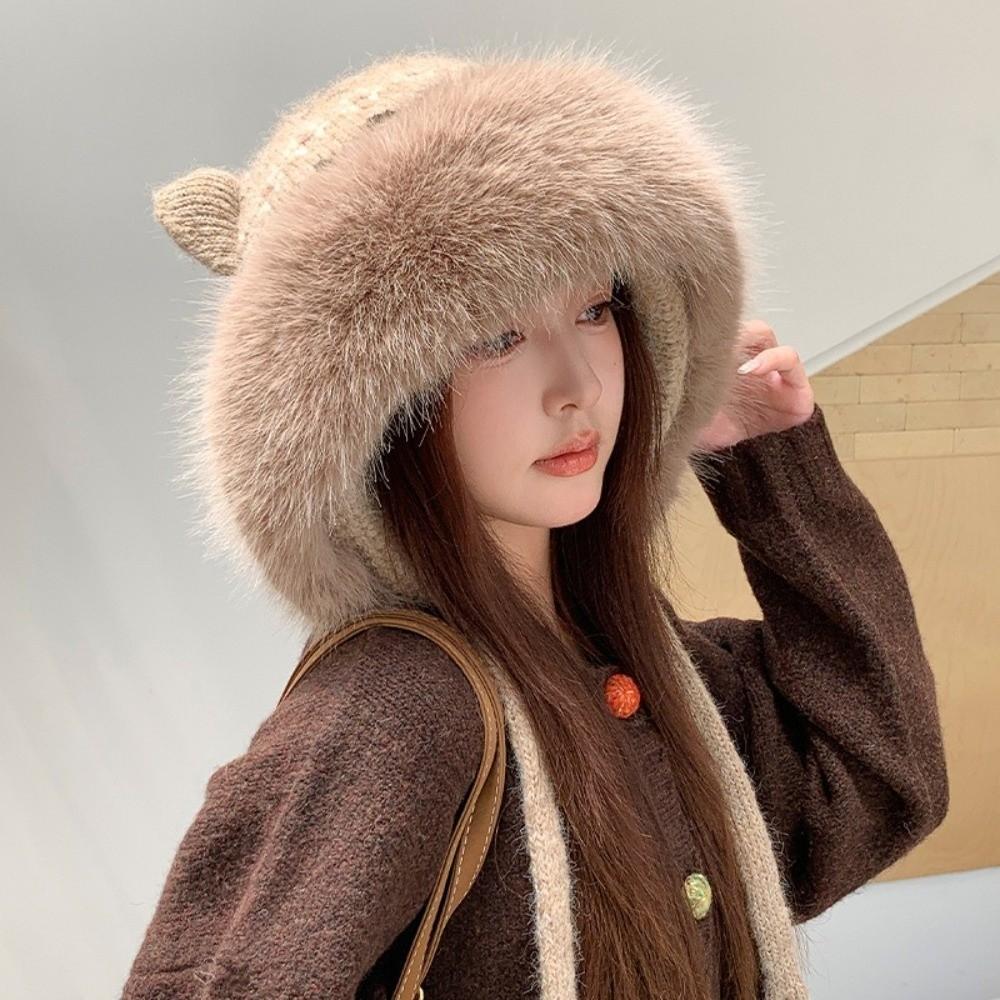 Polyester Cat Ears Hat Ear Flaps Winter Warm Hat Retro Faux Fur Hat  Cold Weather