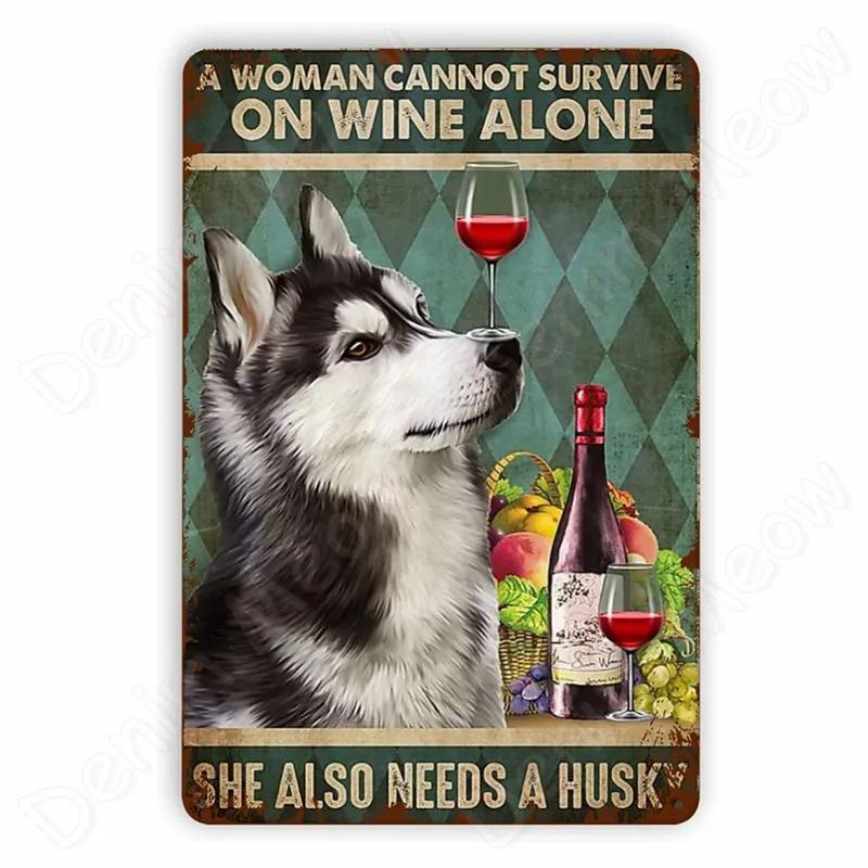 Vintage Bulldog Tin Sign for Home Wall Decor, A Woman Cannot Survive On Wine Alone, Funny Cat, Dog Metal Sign, Bar Decor