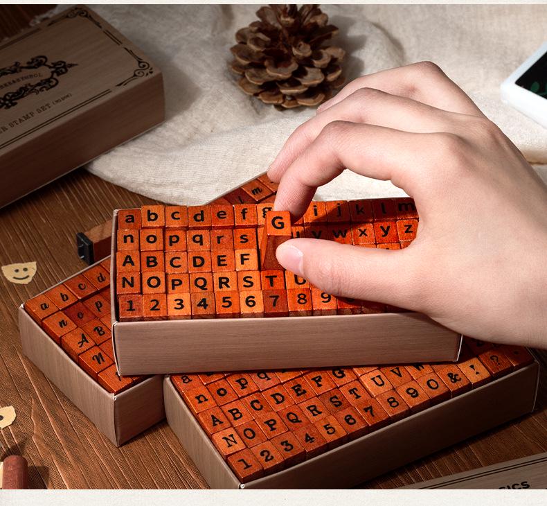 70-Piece Retro Wooden Stamp Set with Uppercase/Lowercase Letters, Numbers & Symbols