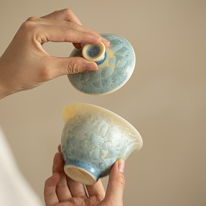 Crystal Glaze Sancai Cover Bowl Gongfu Tea Set Anti Scald Ceramic Gaiwan for Chinese Tea Ceremony Home Use Handmade Gift