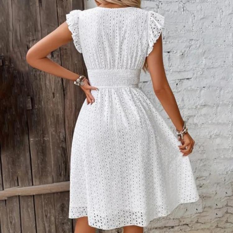 Summer Dress Women Sleeveless V Neck Ruffle Edge Elastic Waist Pure Color A Line Cutout Midi Swing Dress Knee Length Dating Shopping