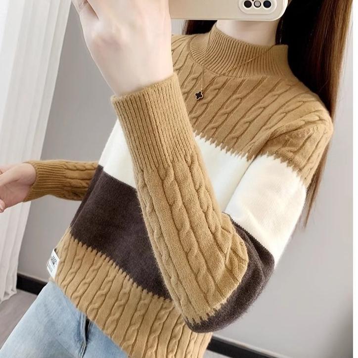 Women's Half Turtleneck Sweater Fall Winter Loose Knit Sweater Top Pullover Knit Jumper Color-blocked Plaid Knitwear