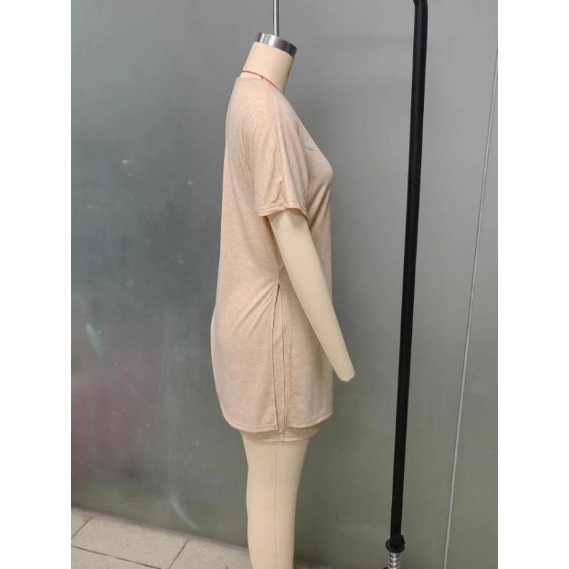 Damen Sommer Neu Lässig Rundhals Einfarbig Fledermausärmel Top Dreiviertelhose Zweiteiler