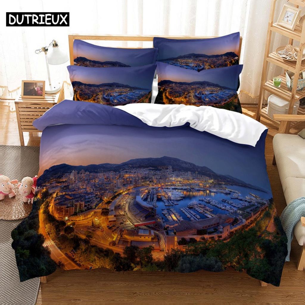 3D Digital Printing Fashion Design Night View Bridge Bedding Set, Queen Size Duvet Cover Set