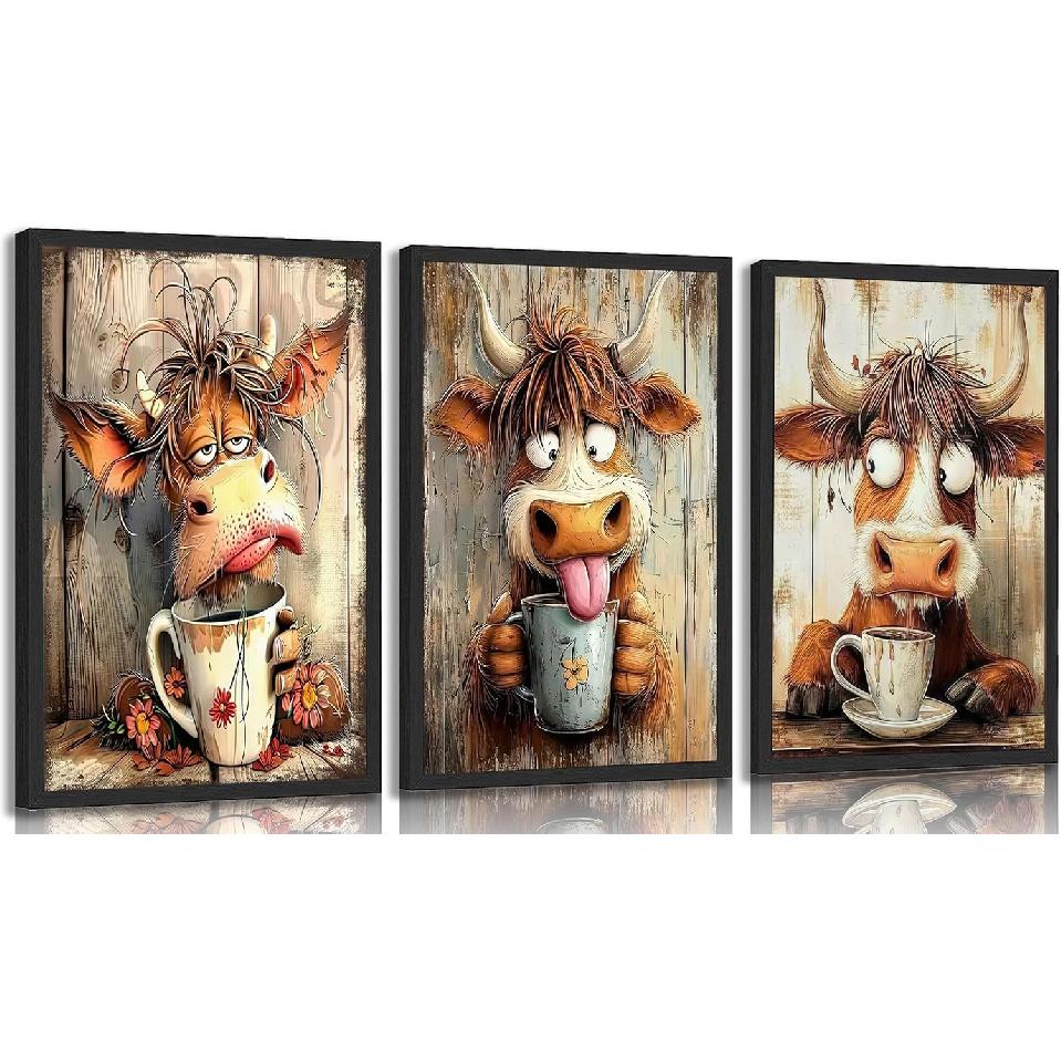 3pcs Funny Cow Canvas Wall Art Humor Dreaming Cow Drinking Coffee Posters Prints Paintings Playful Country Farmhouse Animals Wall Decor Pictures for