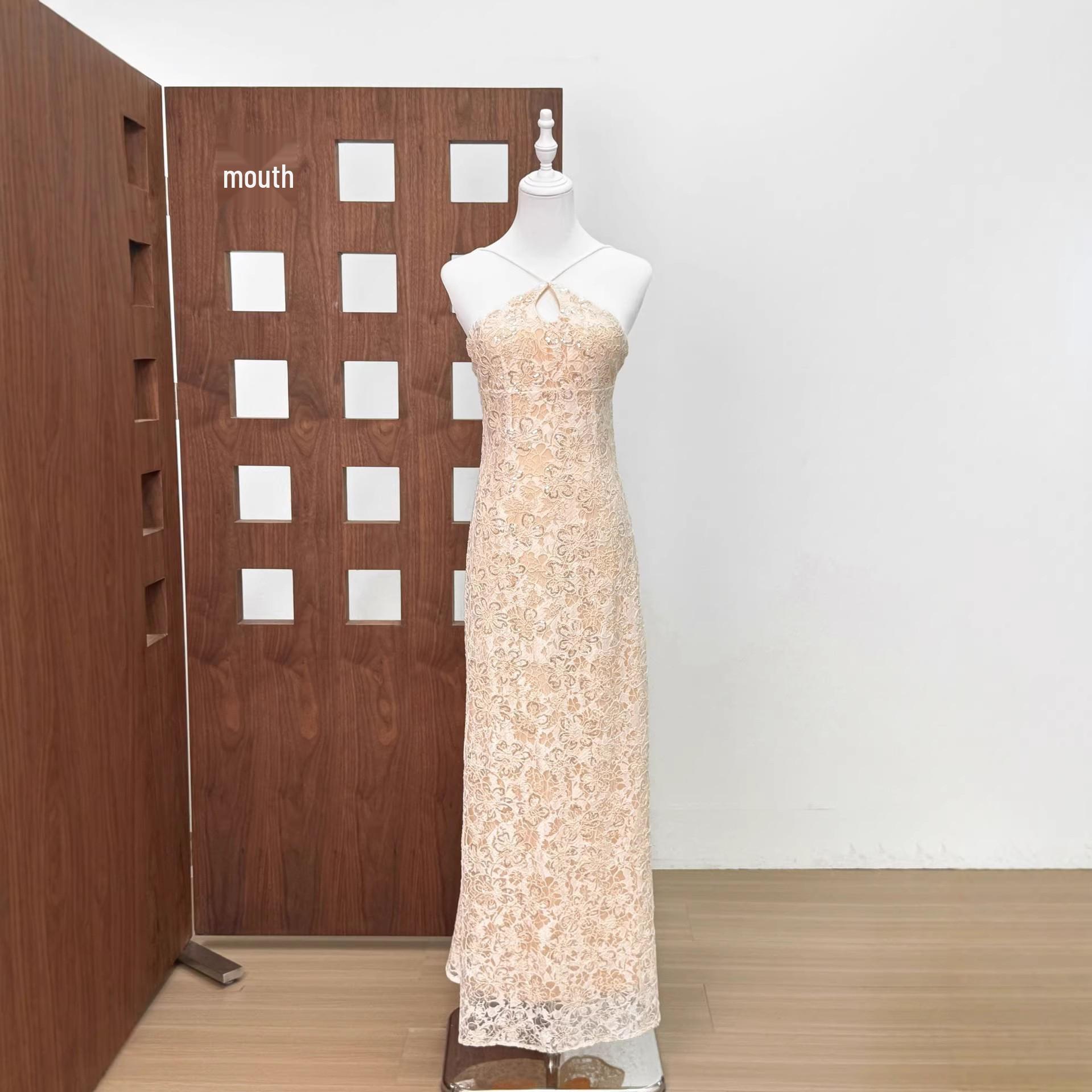 French Elegant Sequin Lace Halter Dress with Back Slit Small абрикосовый