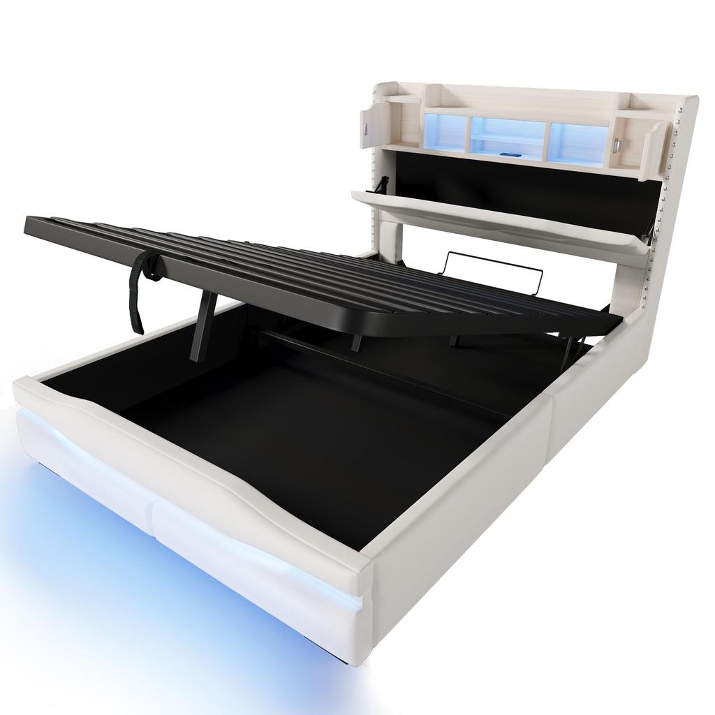 Upholstered Bed 140x200 Hydraulic Storage LED Headboard USB-A&USB-C Charging Function Remote Control Slatted Frame Beige Without Mattress