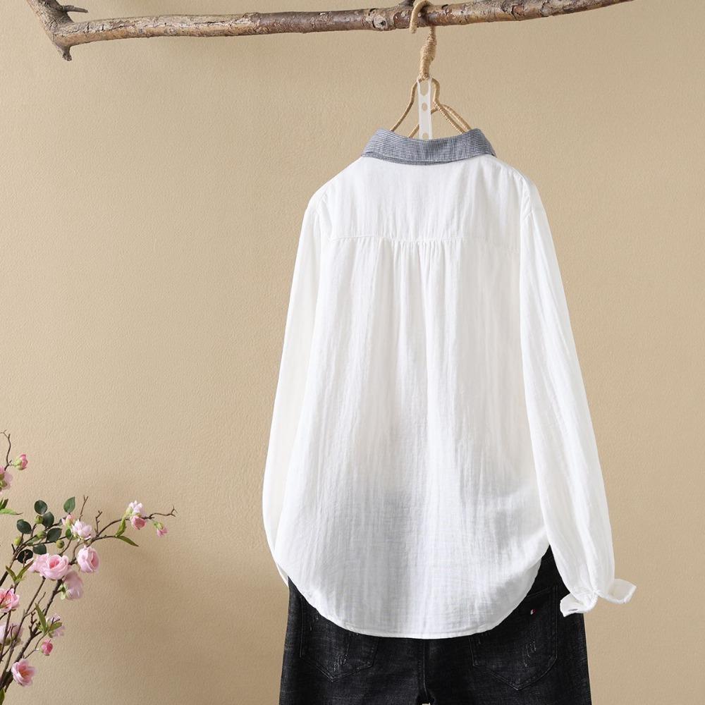 Youthful Korean Style Cotton Shirt Loose Fit Long Sleeve Vintage Peter Pan Collar Blouse for Women Spring Autumn Office Wear