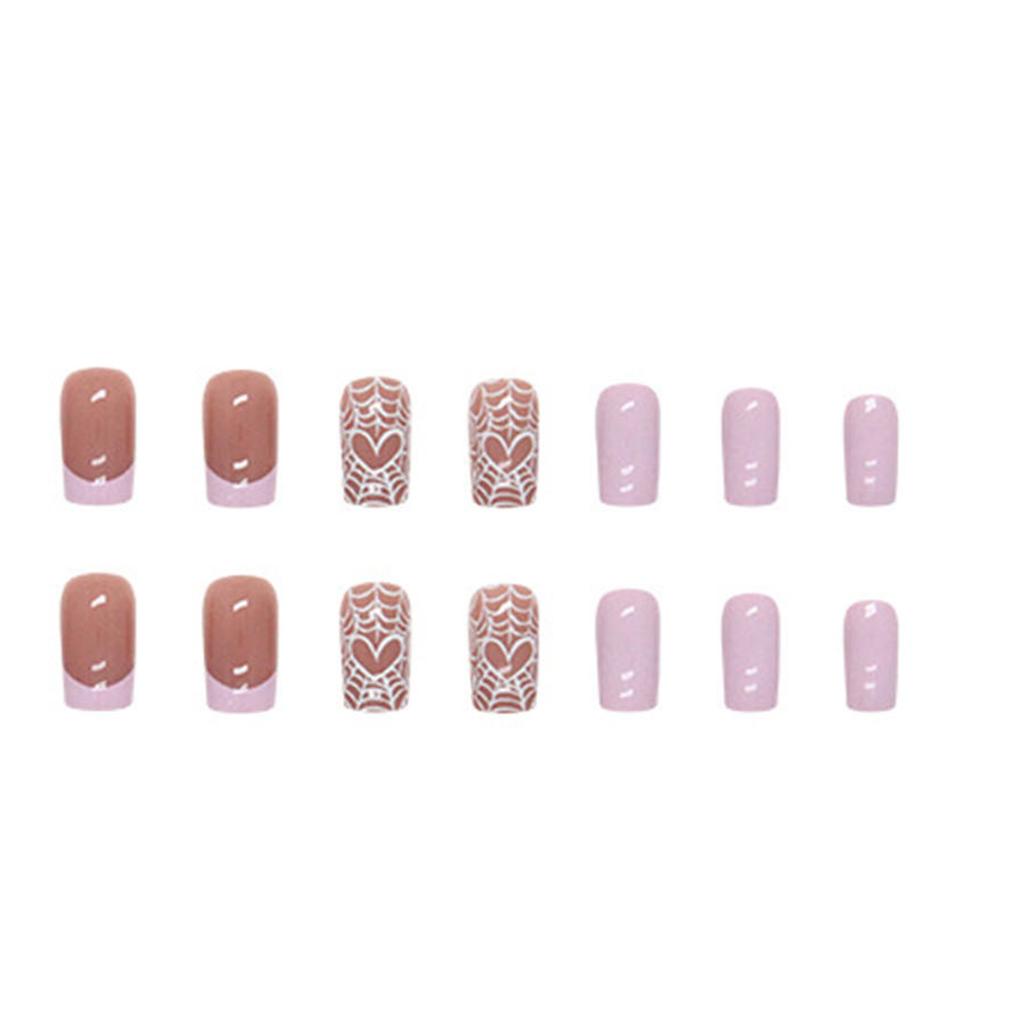 French Heart Spiders Web Print False Nail Bright Pink Reusable Glossy Artificial Nail for Women and Girl Party Activity