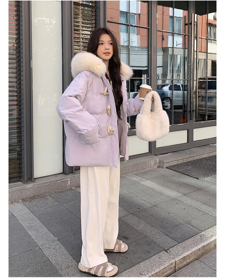 Women's Autumn and Winter Coat Solid Color Horn Button Hooded Fur Collar Loose Thickened Windproof Women's Jacket