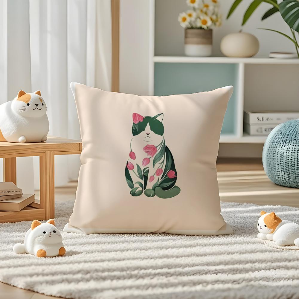 Cute Pink Cat Pattern Pillow Case Double-Sided Plush Sofa Cushion Covers Organic Breathable Invisible Zipper