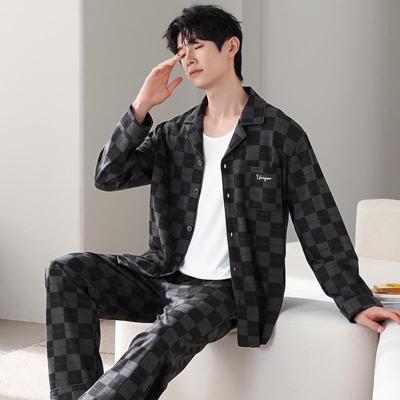Men'S Pajamas Men'S Spring And Autumn Cotton Long-Sleeved Autumn And Winter Autumn Cotton Loungewear Set