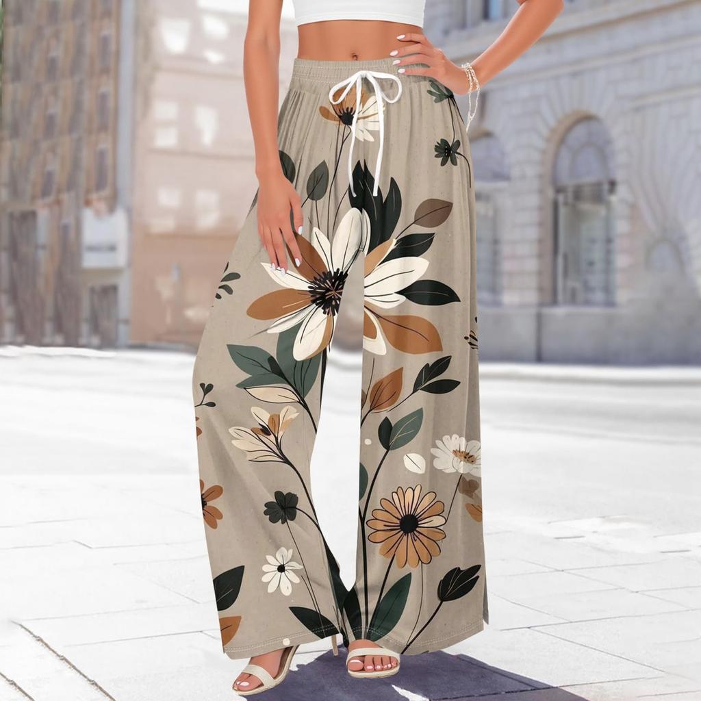 Damen Bedruckte Weitbeinige Hosen mit Taschen Hohe Taille Kordelzug Lockere Freizeit-Hosen