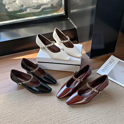 Pointed Single Shoes Women's New Fashion High Heel One-word Buckle with Wedge Heel Thick Sole Shallow Mouth Small Leather Shoes Women's Shoes