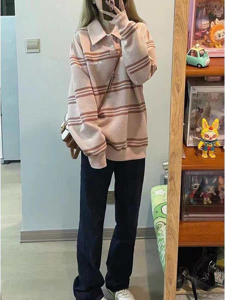 Women's American Retro Polo Collar Waffle Sweatshirt - Loose Fit, Versatile College Style for Autumn/Spring (Small Size)