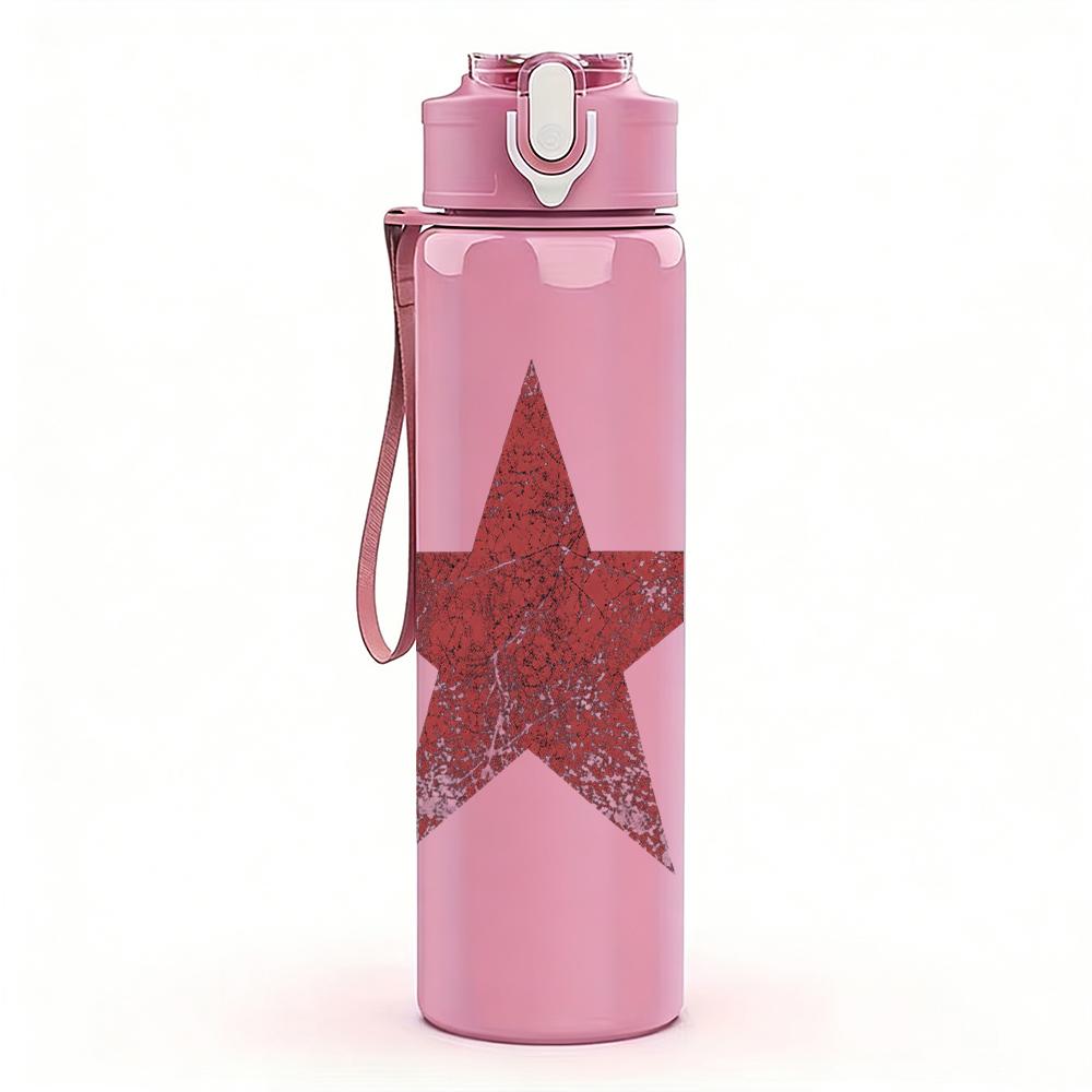 1PC Red five point star minimal print 750ml colorful plastic sports water bottle leakproof pop up lid with straw for outdoor work home use