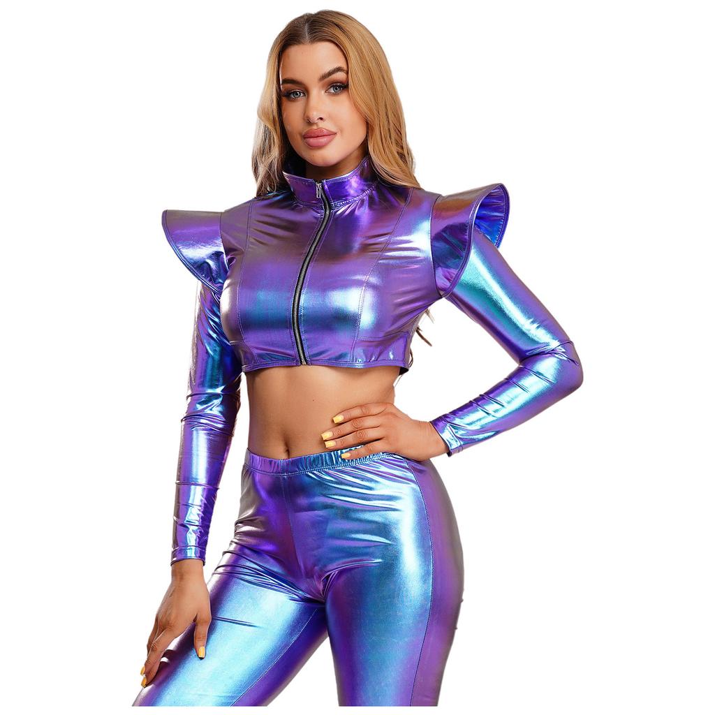 S-3XL Women Iridescent Metallic Crop Jacket Long Sleeve Structured Shoulder Boards Stand Collar Front Zipper for Club Raves Party