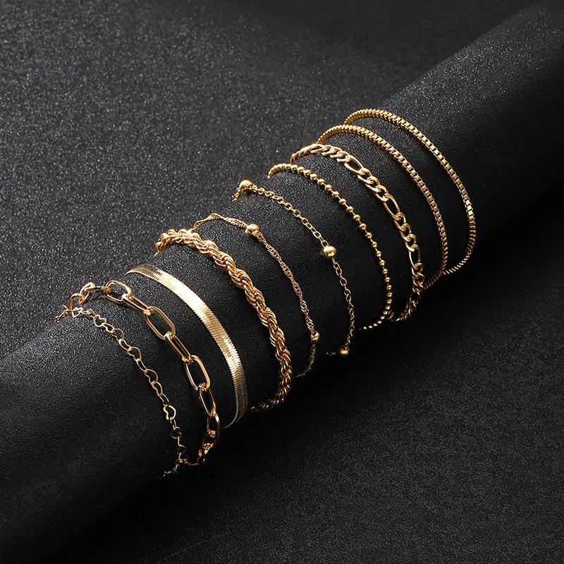 10 Pcs Vintage Statement Gold Color Flat Snake Chain Box Chain Bracelet Boho Multi-layer Metal Bracelet Women's Summer Jewelry