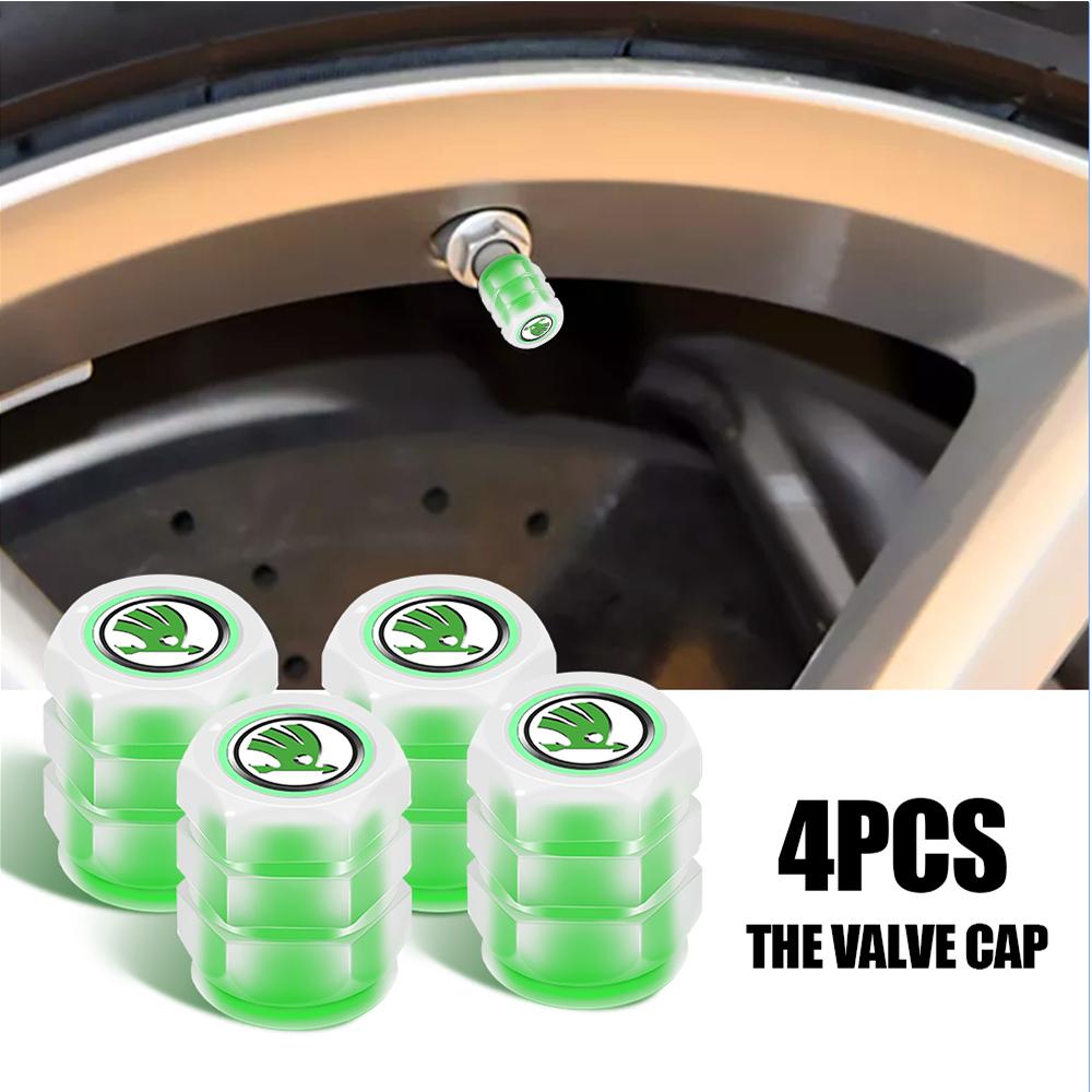 4pcs Car Styling 3D Fluorescent Green Glowing Luminous Valve Stem Caps For Skoda Superb 3 2 Octavia A5 Karoq Rapid Kodiaq Fabia