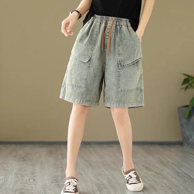 Cotton Shorts Women Summer Big Size Pants Vintage Loose High Waist Elastic Denim Wide Leg Skirt Pants