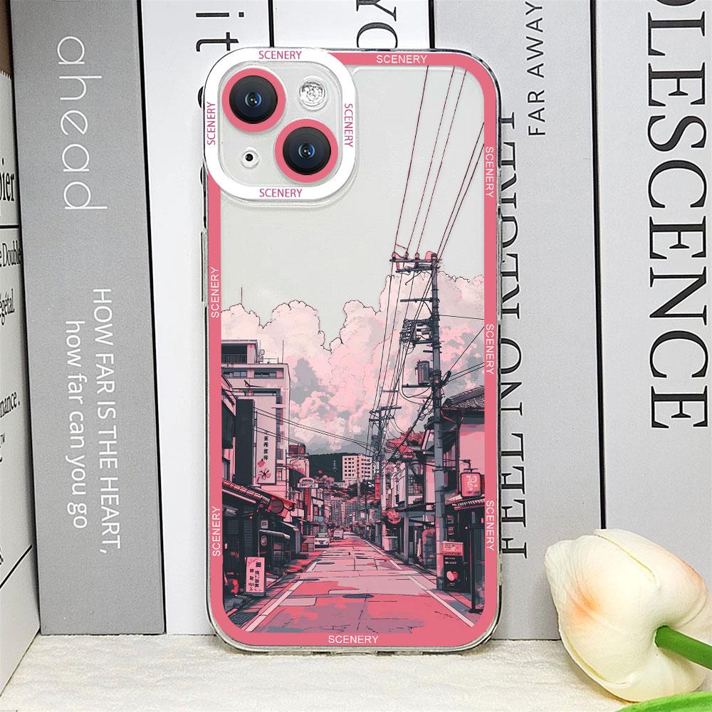 Japanese Landscape Cherry Blossoms Phone Case for IPhone 11 12 13 14 15 16 Pro Max Mini XS X 7 8 14Plus Clear Soft Scenery Cover
