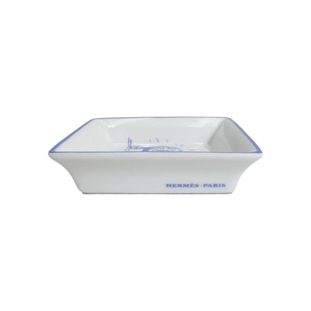 HERMES Square With Box Tableware Cheval the carriage Pottery white Storage box Used