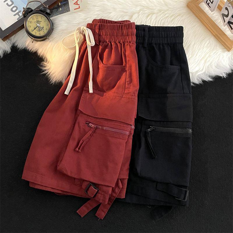 American High Street Hiphop Wide-leg Red Overalls Men's Retro Lazy Casual Couple Hip-hop Five-point Shorts Trend