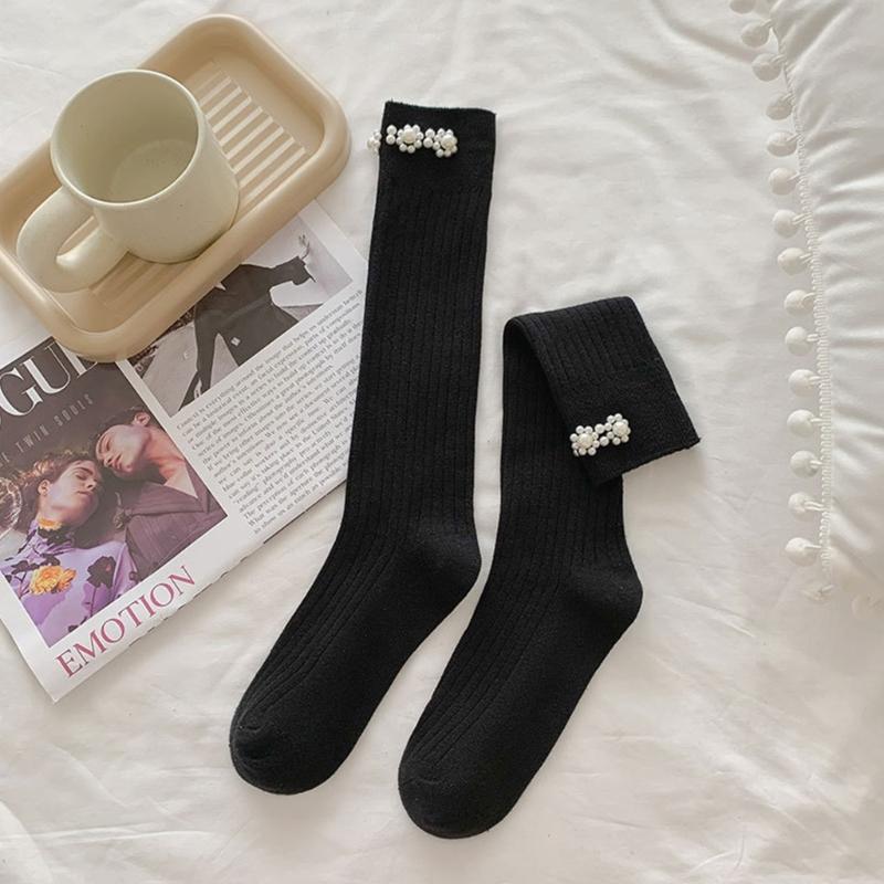 Simple Pearl Knee High Socks Cotton Calf Socks Sweet Knee High Stockings Lolitas Princess Socks for Womens Girls Gifts