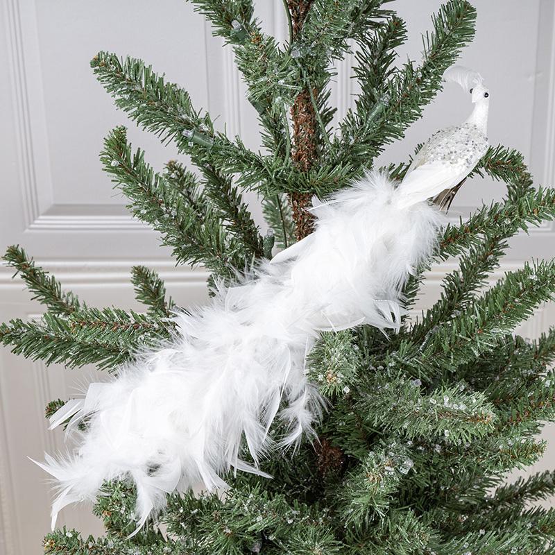 1/2Pcs Hanging Pendant Glittering White Peacock Tree Decor with Long Tail 40cm Christmas Ornament Christmas Tree Toppers Clip-On