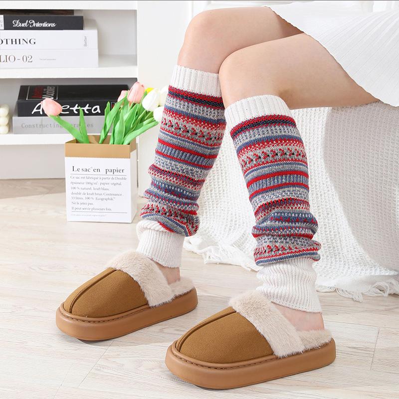 Camouflage Bohemian Style Yarn Warm Leg and Knee Pads European and American Autumn Winter Women Color Blocked Striped Pile Socks