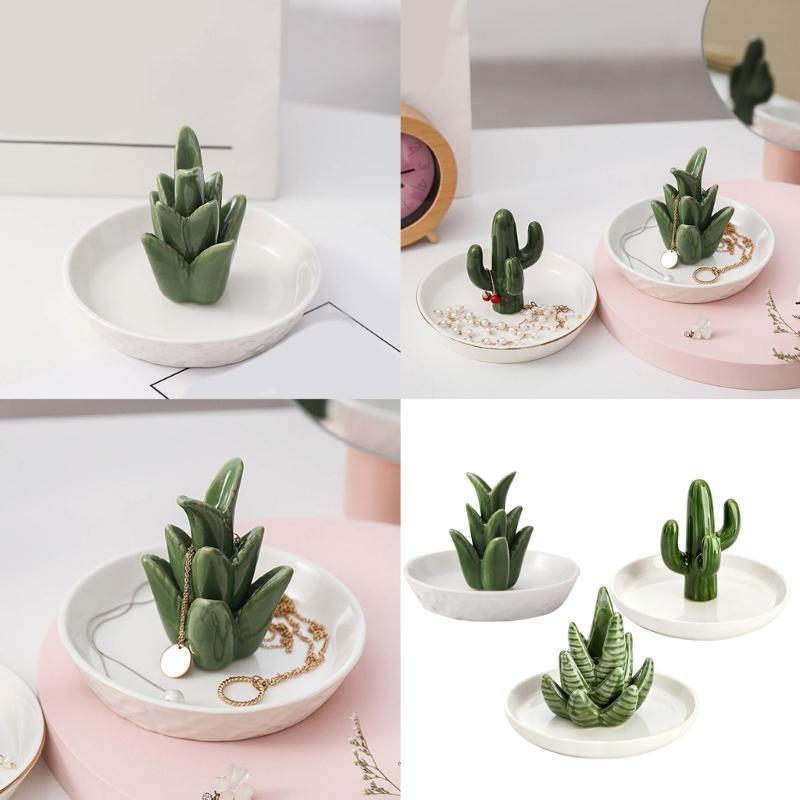 Ceramic Aloe Cactus Rings Holder Trinkets Tray Earrings Necklace Jewelry Organizers Christmas Birthday Gift for Women