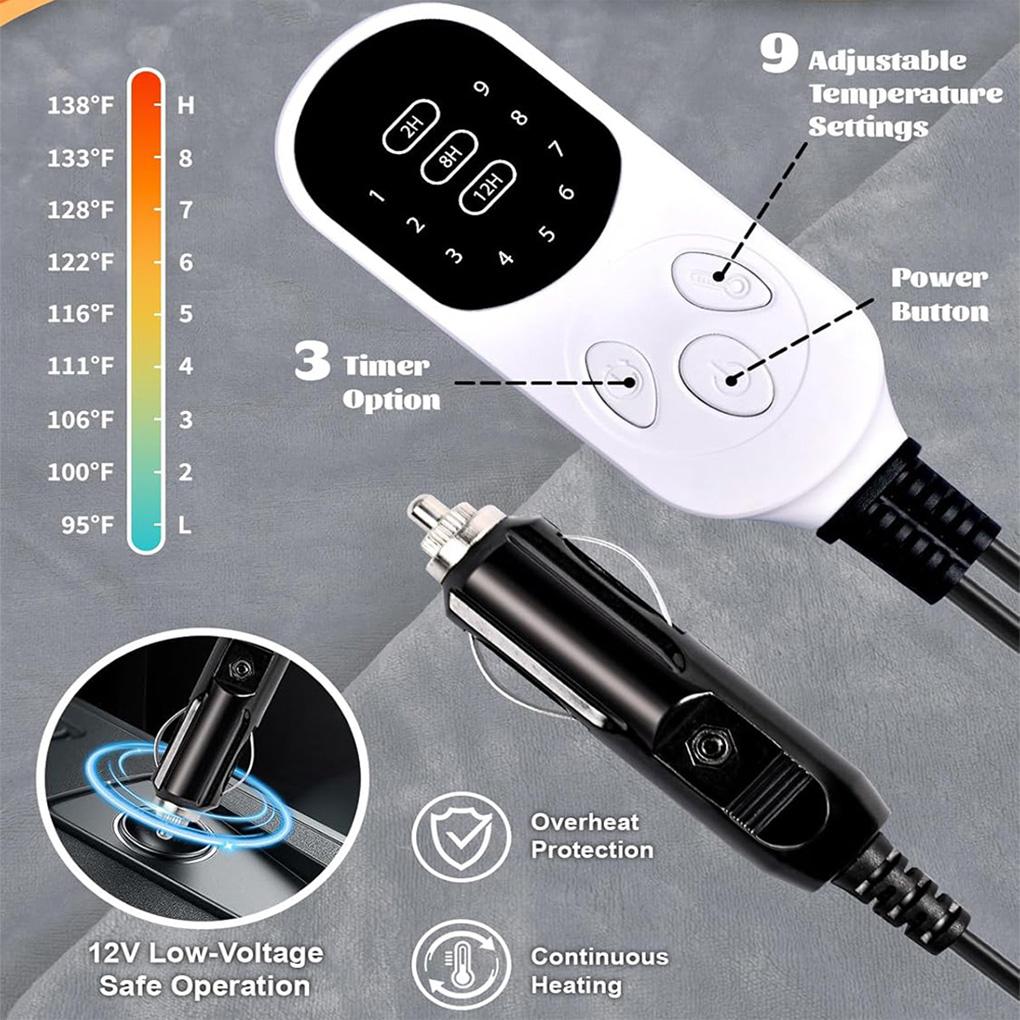 12V Car Electric Heated Blanket Smart 9 Heating Level 2/8/10 Hours Auto-Off Machine Washable Flannel Travel Car Electric Blanket
