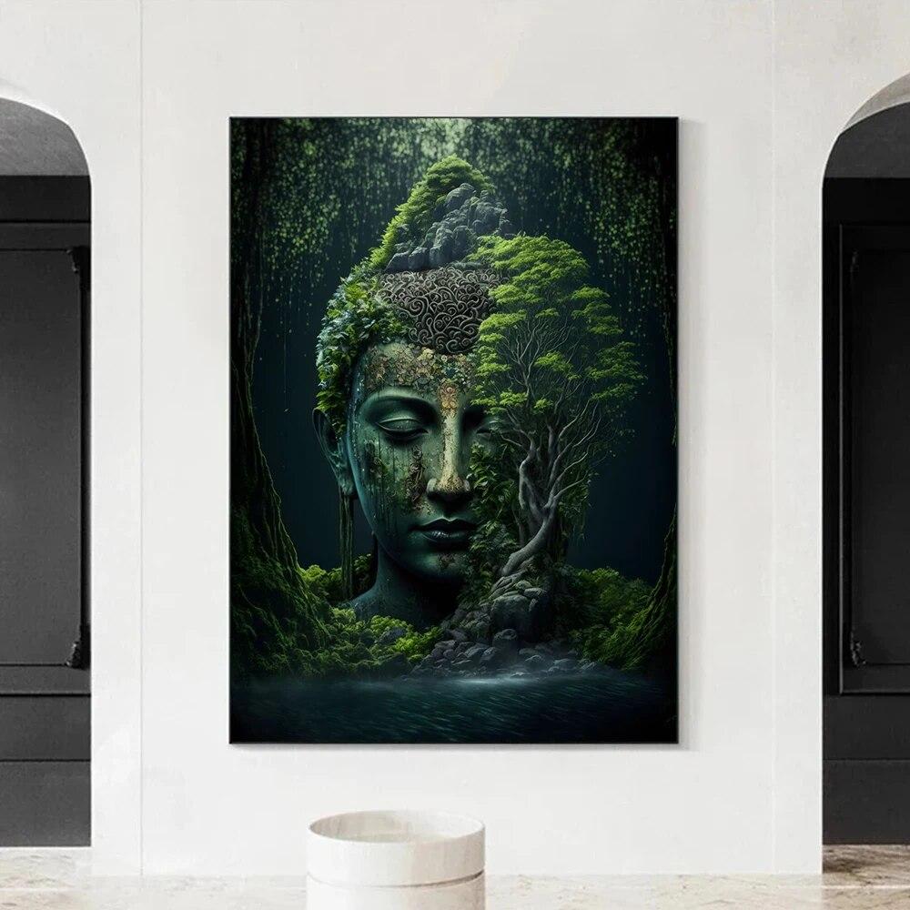 Abstrakte Buddha in der Natur Poster Drucke für Wohnzimmer Dekor religiöse buddhistische Staute und Landschaft Leinwand Malerei Wandkunst kein Rahmen 60*90cm black