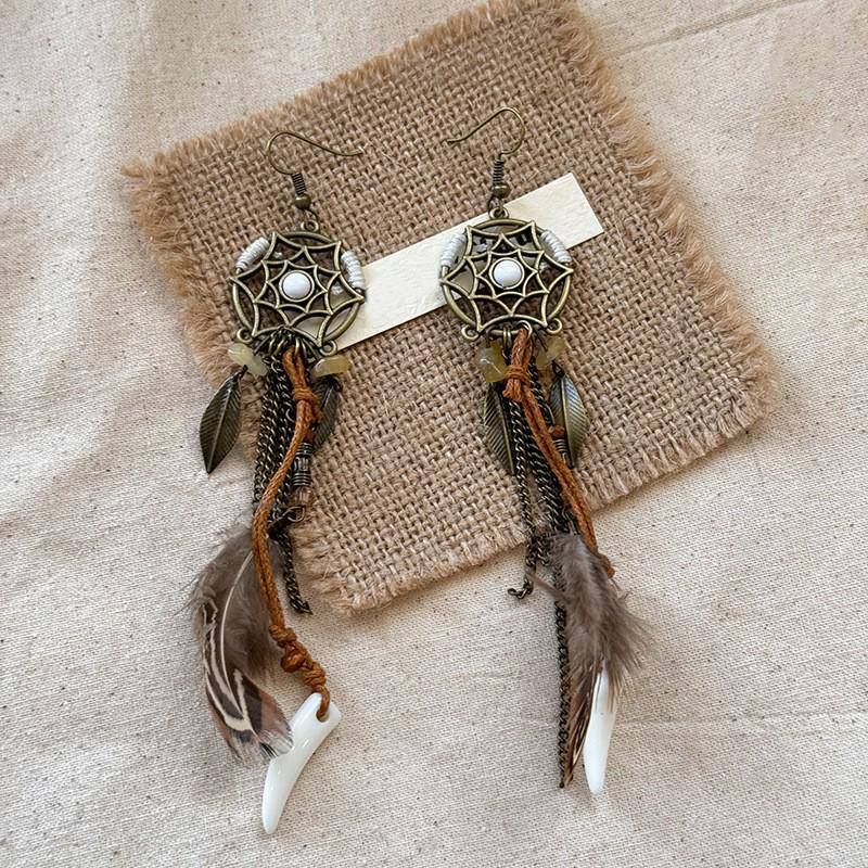 Bohemian Feather Seed Bead Tassel Earrings - Retro Ethnic Dangle Jewelry