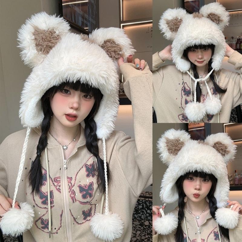 Girls Bear Hat Y2K Furry Ears Hat Furry Bear Gifts Warm Winter Hat Adult Children Furry Ears Winter Photo Props