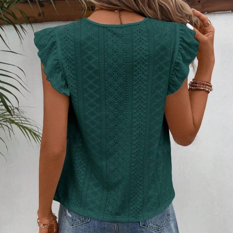 Summer New Round Neck Hollow Loose Lace Shirts Women Elegant Solid Ruffled Short Sleeve Casual Blouse Women Tops Slim Fit Vintage Fashion Shirt 26600